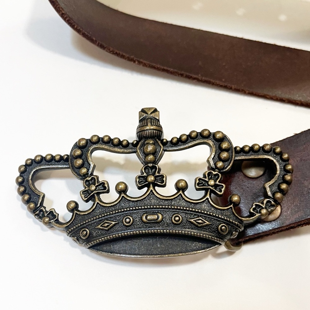 Cabi Brown Wide Leather Belt w/ Brass Crown Buckle. Size (30"-34"). - Picture 4 of 11
